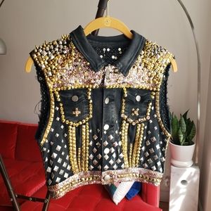 Vintage festival denim vest with studs, spikes, sequins, safety pins XS/S